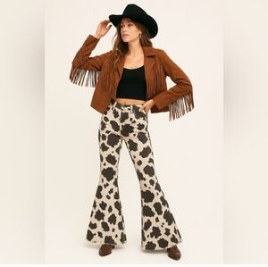 Rock & Roll Cow Print Bargain Bell Flare Jeans Distressed Hem Women’s 28